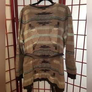 Long Open Belted Cardigan with Design on back. By Olive & Oak Size 2X